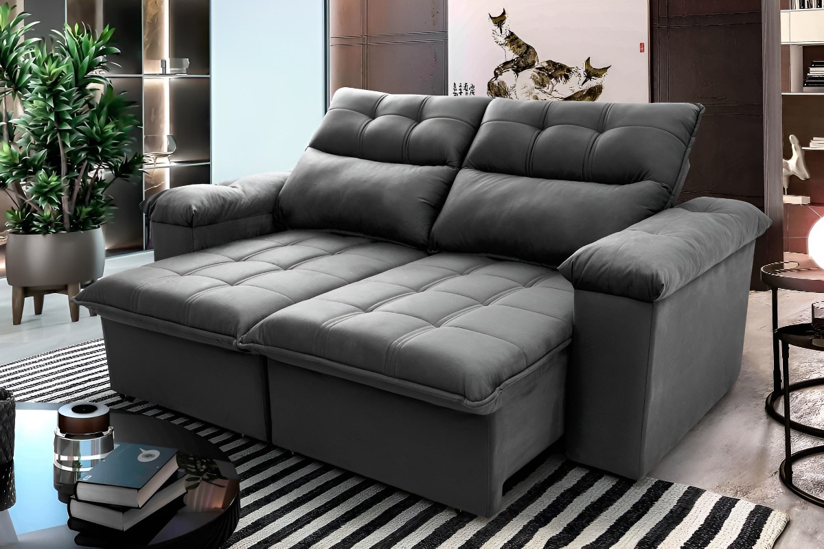 Sofá Retrátil Reclinável King House Verona 2,00m Velut Cinza C/ Molas